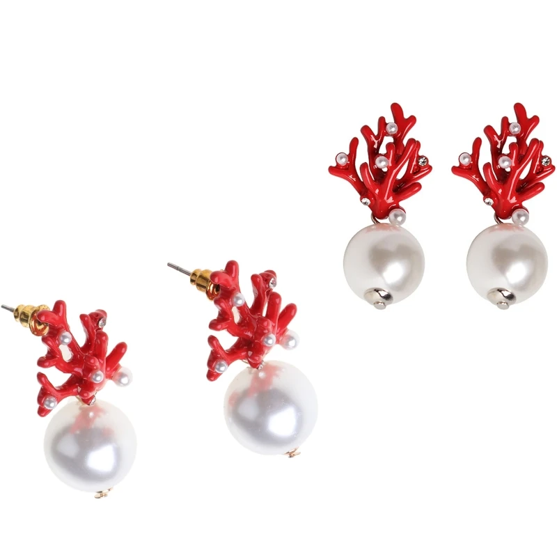 Red Coral Deer Antler White Faux Pearl Christmas Earrings Fashion Xmas Gift