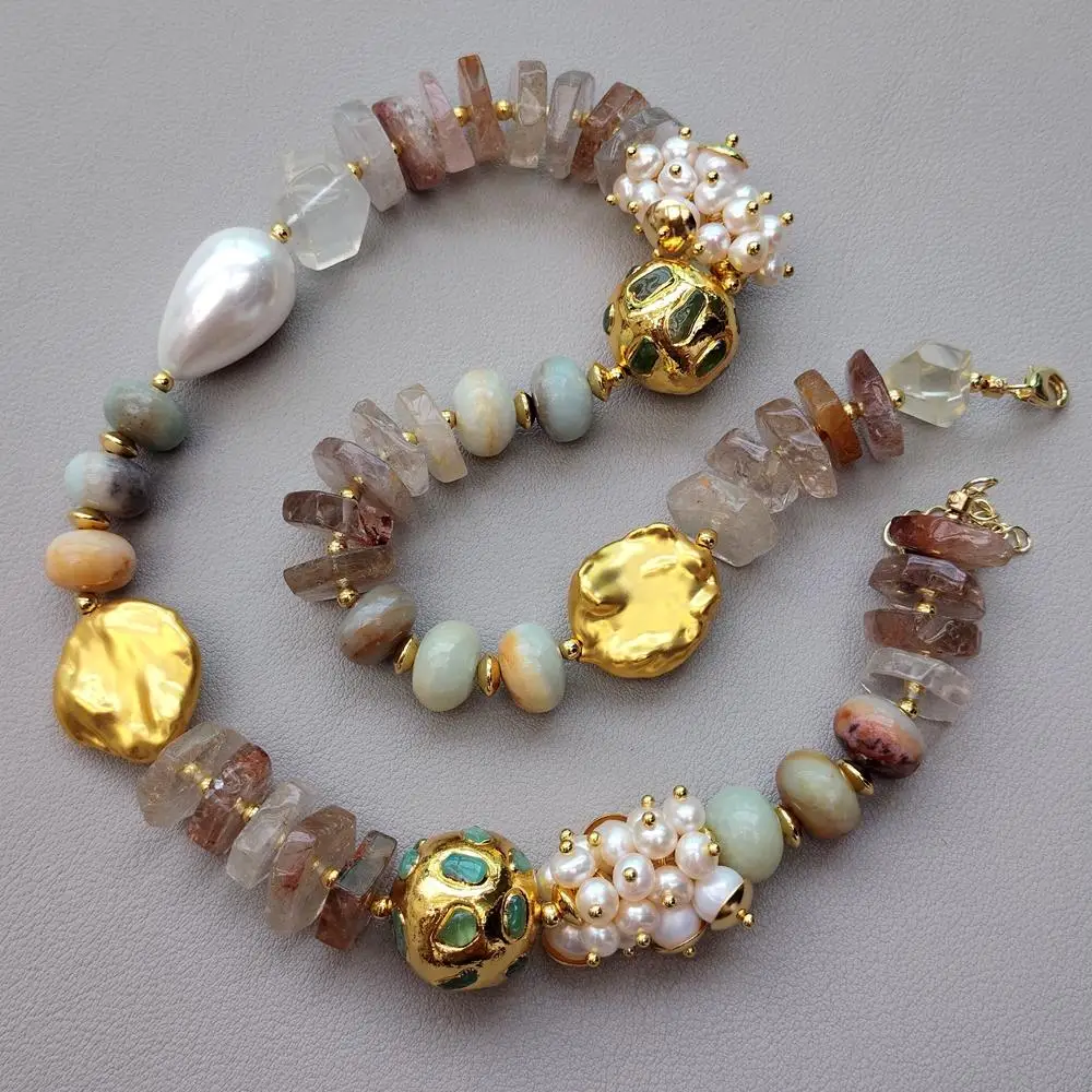 KKGEM  21mm  Amazonite  Cultured White Pearl Quartz Sea Shell Pearl Choker Necklace