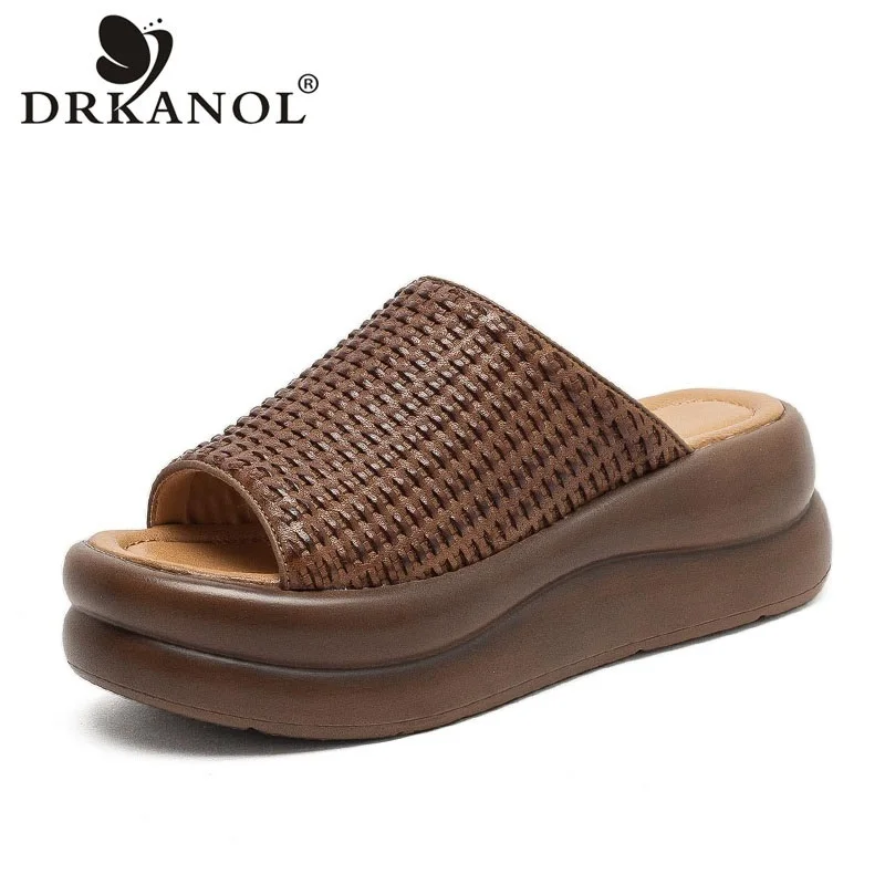 

DRKANOL Women Wedges Heel Slippers Summer Retro Style Handmade Weave Genuine Leather Slip On Open Toe Platform Sandals Slippers