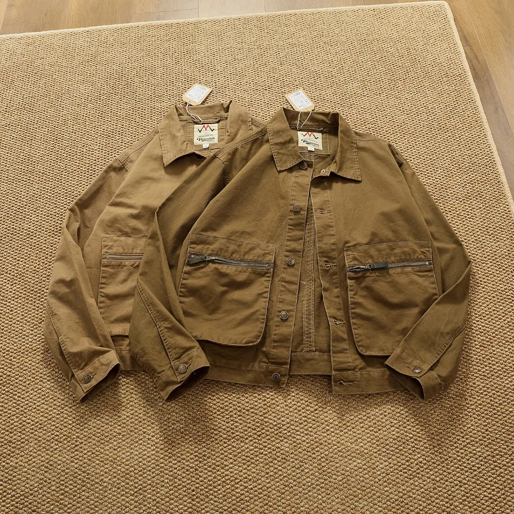 

Ami Kaji retro work jacket men's lapel multi-pocket short motorcycle jacket