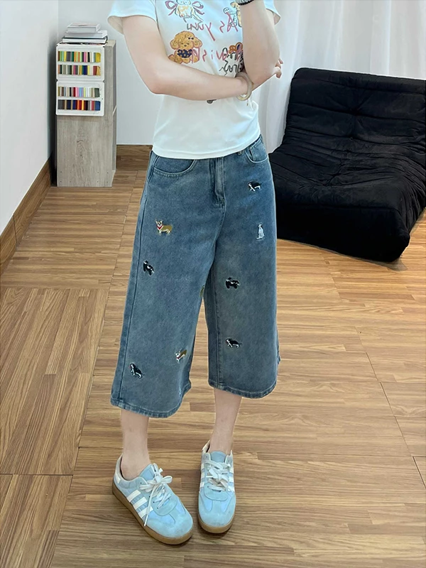 

Summer New Women's Loose Wide Leg Jeans Shorts Embroidered Casual High Waist Cotton Blend Denim Anti-Wrinkle Comfortable