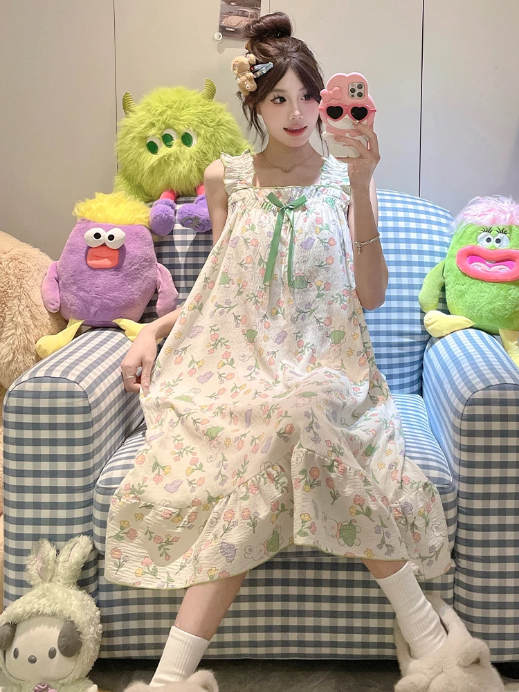 DAIMELU nightgown suspender nightdress women's summer with chest pad cloud cotton sexy floral pastoral pajamas skirt loungewear