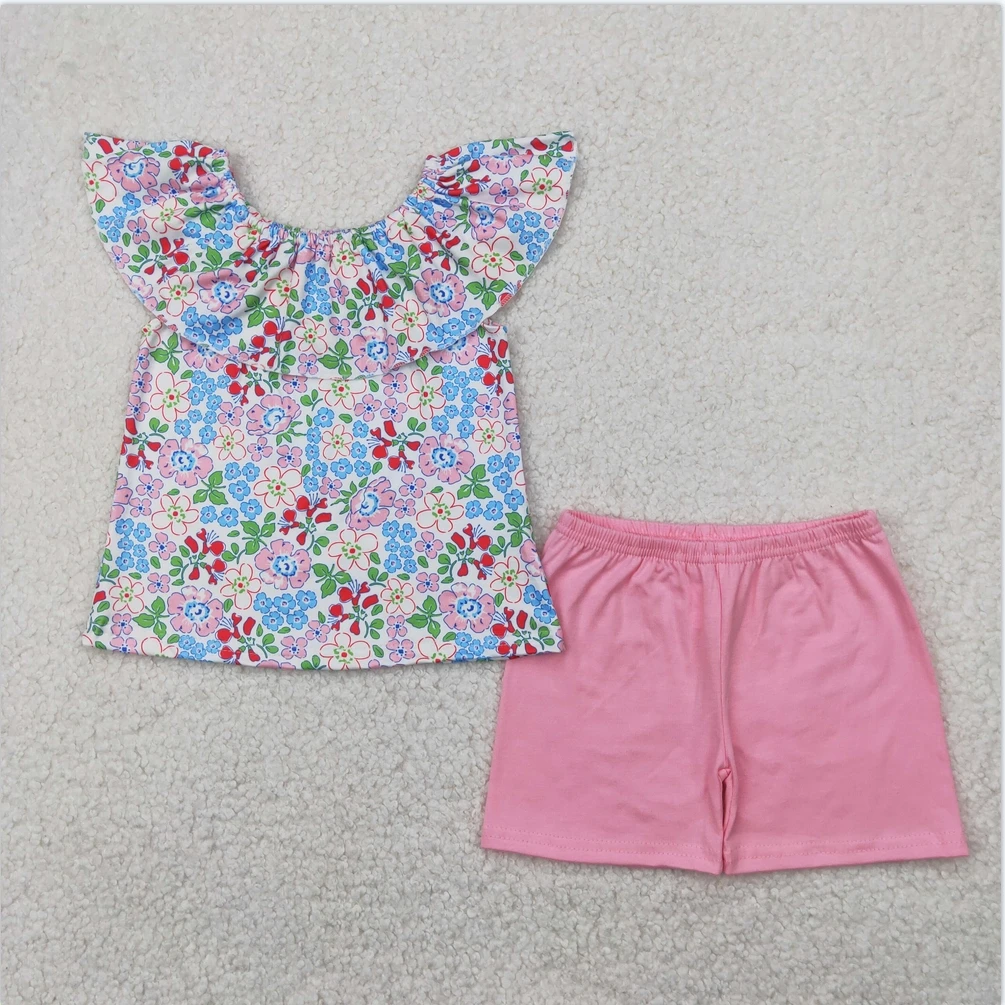 

RTS Baby girls fashion design children wholesale boutique outfits Baby Girls Pink Flowers Ruffle Tunic Tops Shorts Clothes Sets
