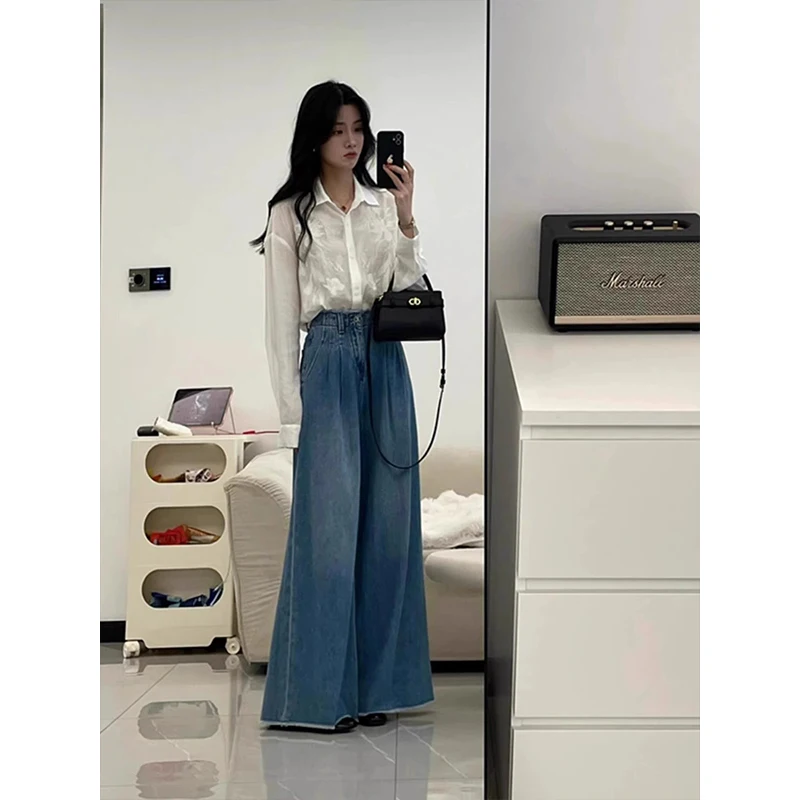 Setelan Dua Potong Pakaian Wanita Musim Gugur, Atasan Korea Model Lengan Panjang dan Celana Jeans Kaki Lebar, Gaya Elegan Kasual