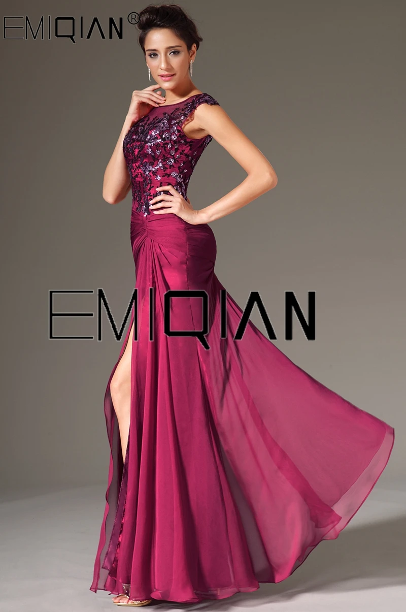 Scoop Cap Sleeves High Slit Burgundy Chiffon Evening Dresses Appliqued Formal Party Gown