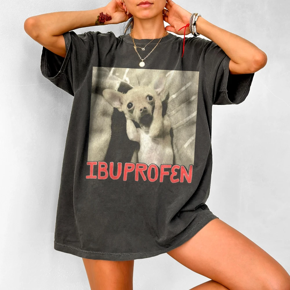 이부프로펜 재미있는 개 이모티콘 팩 90년대 레트로 해적판 재미있는 어색한 티셔츠 순면 유니섹스 스트리트웨어 탑 고딕 y2k 셔츠