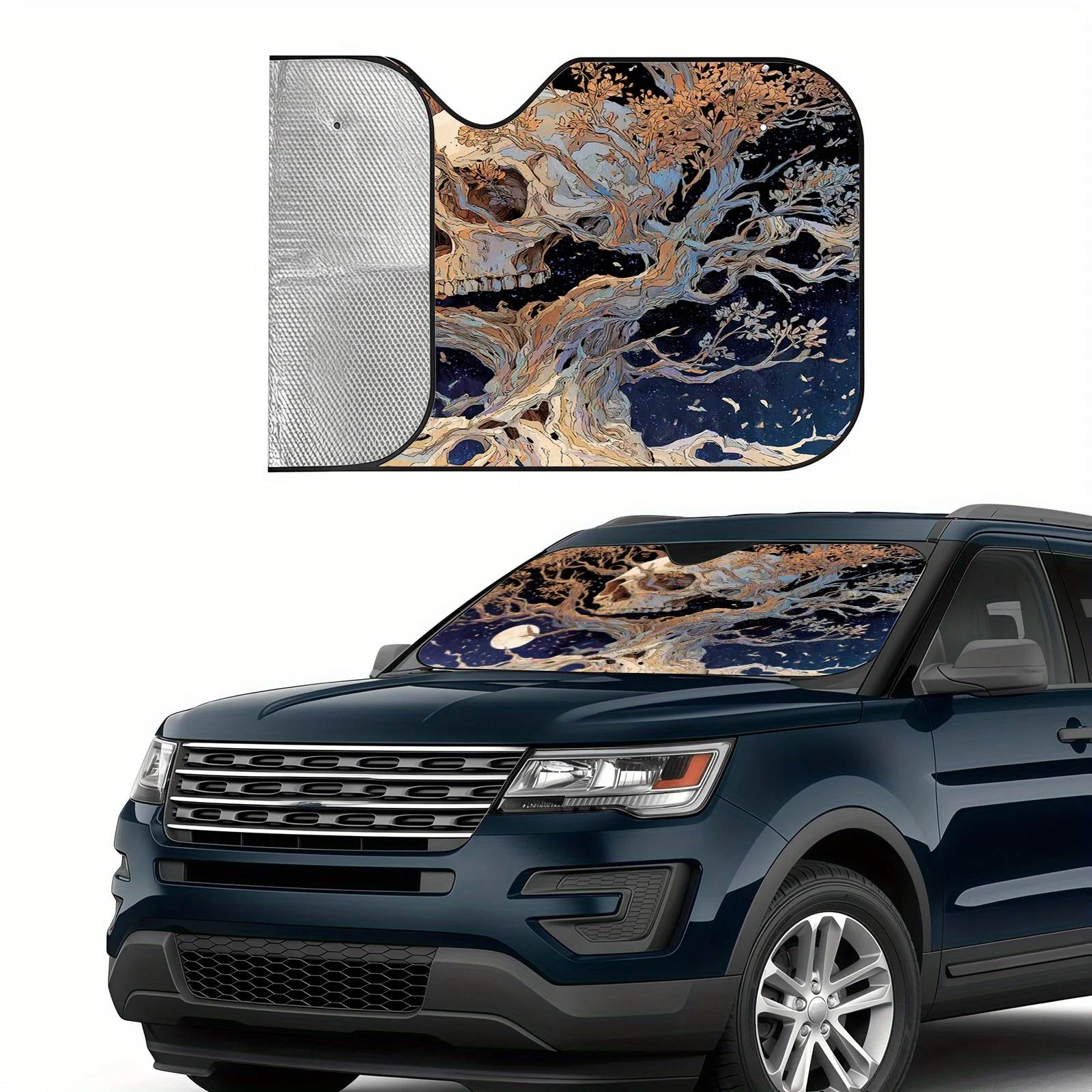 Moonlit Skull Tree Illustration Car Sunshade, Fantasy Dark Style, Easy To Install And Durable, Includes 4 Suction Cups To Help C