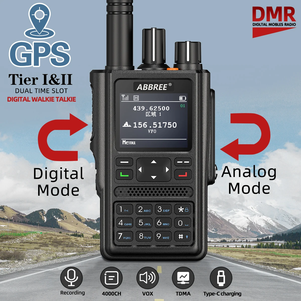 ABBREE DM-F8 GPS APRS Walkie Talkie DMR Dual Band UHF VHF 4000 kanalen Lange afstand High Power Type-C oplader VOX tweewegradio