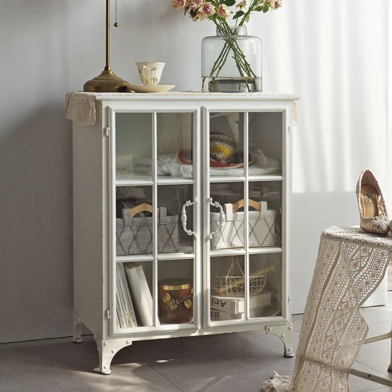 

GZ030-1 French style rural white wrought iron sheet glass storage side cabinet display cabinet living room sofa storage corner