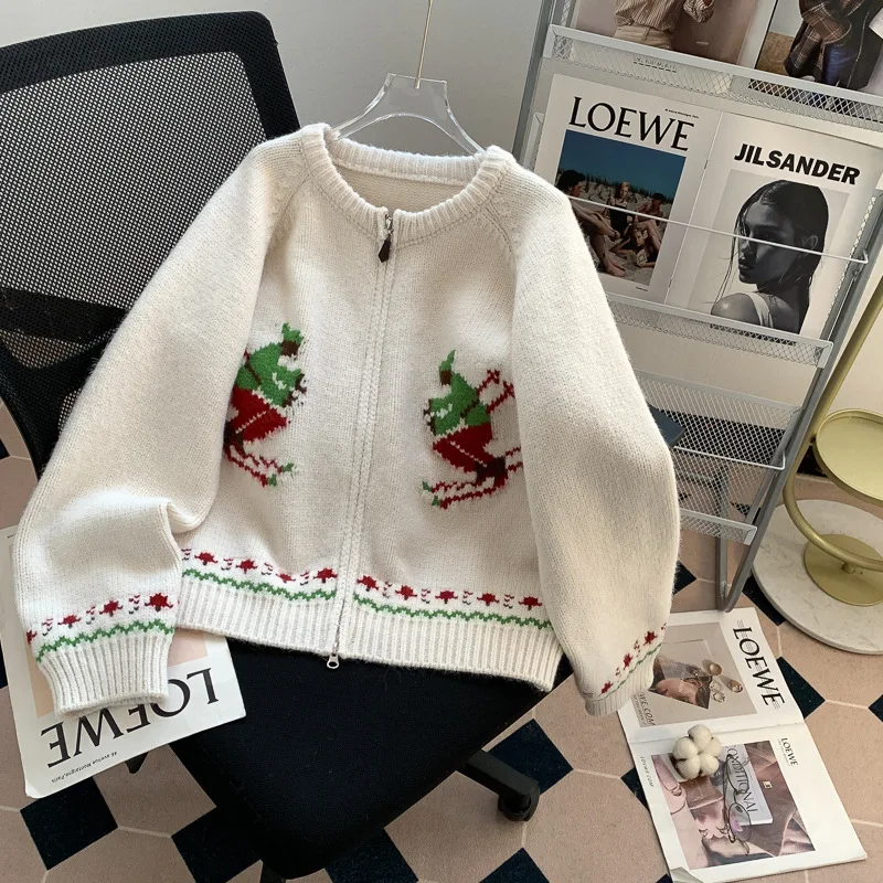 Korean Fashion Round Neck Retro Jacquard Zipper Sweater Cardigan Women's Fall and Winter Outerwear Loose Lazy Style Knitted