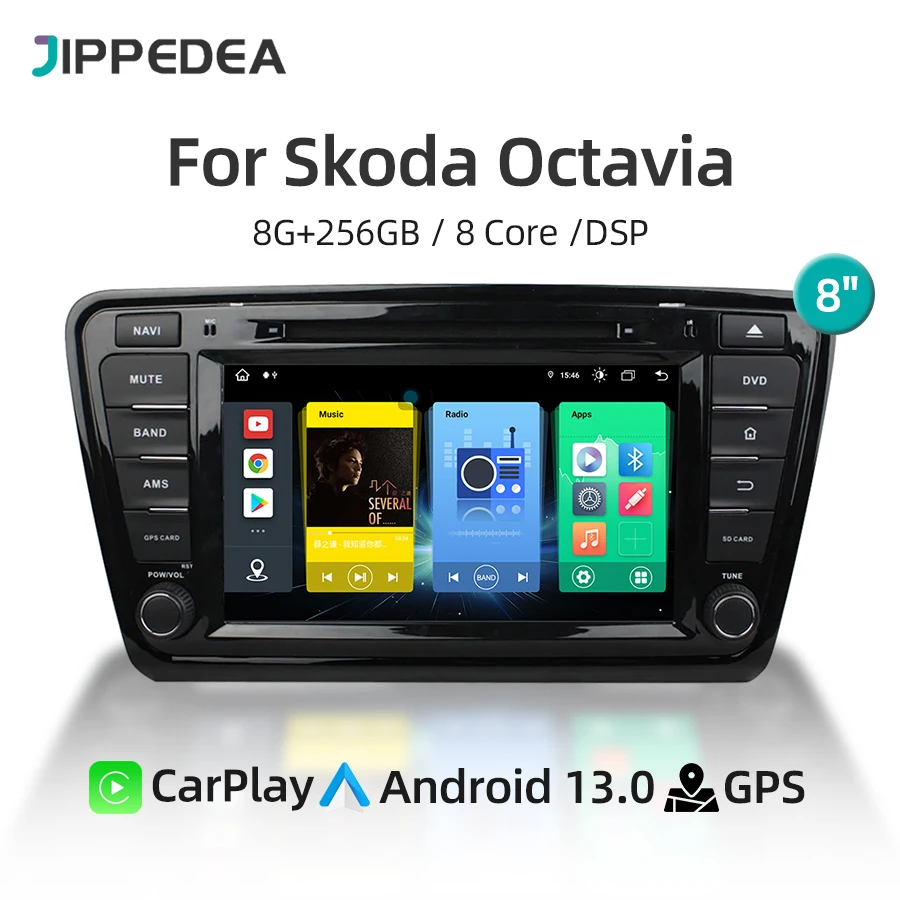 8G 256G Android 13.0 CarPlay Car Multimedia Player 4G WiFi GPS Navigation Bluetooth RDS Car Radio For Skoda Octavia 2014-2016