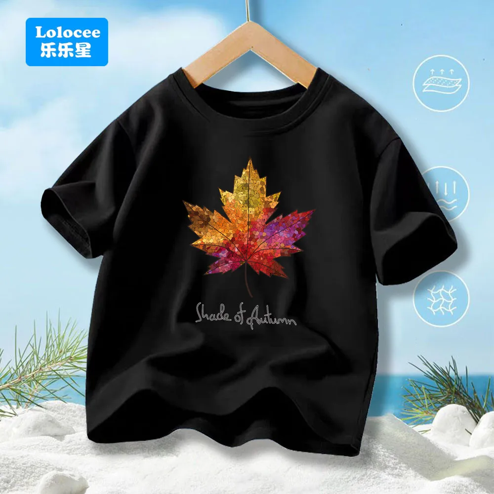 Boys' Summer T-Shirt Maple Leaf Print T Shirts For Teens Boy Casual Streetwear Tops Kids Summer Cotton Clothes  FY1