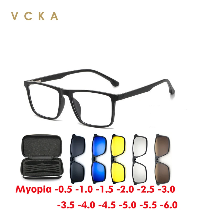 

VCKA 6 In 1 Men Polarized Square Myopia Sunglasses Magnetic Clip Custom Optical Prescription Women Glasses Frame -0.5 TO -10