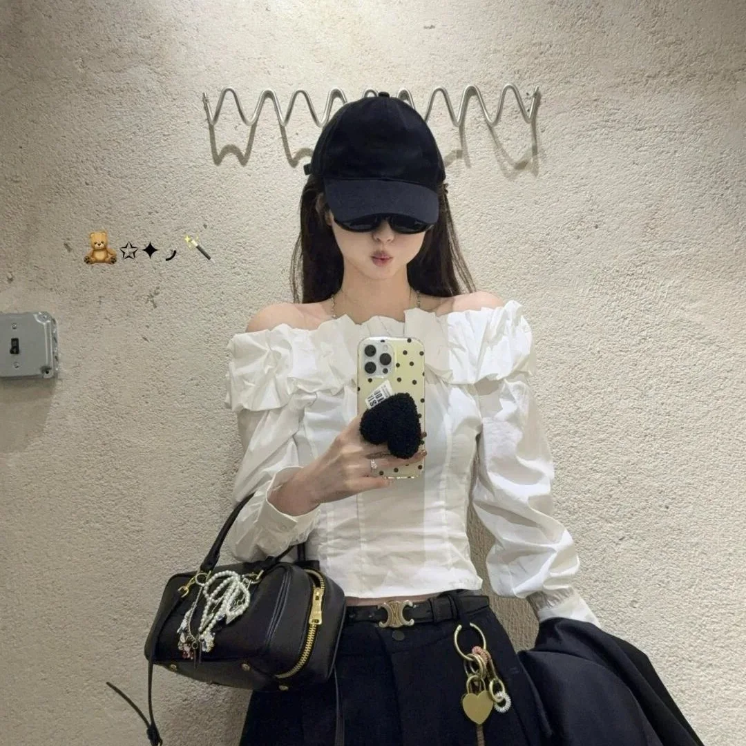 

2026 New Spring Autumn Women's White Bud Collar Off Shoulder Long Sleeve Shirt Elegant Fashion Casual Slim Fit Tops For Ladies