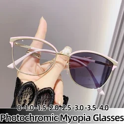 Unisex Near Sight Eyeglasses with Color Changing Lens Fashion Cat Eye Photochromic Sunglasses Women Luxury Minus Diopter 0 ~-4.0