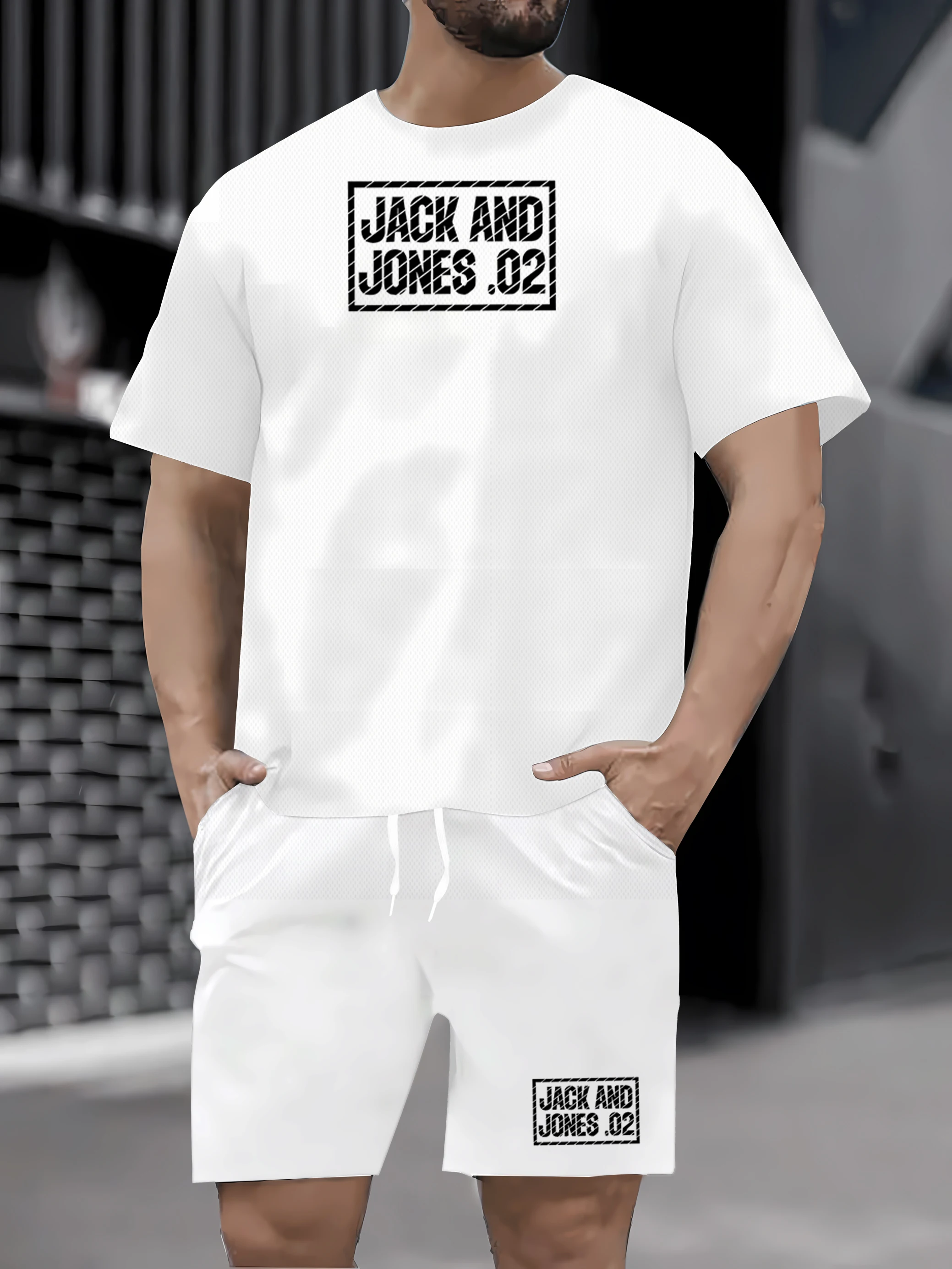 

Conjunto de shorts de camiseta de manga curta com gola redonda estampada masculina