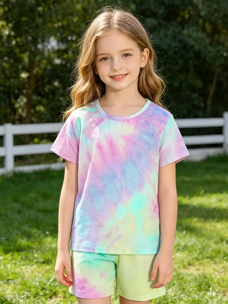 Tie Dye Pajama Set for Girls Short Sleeve Round Neck T Shirt and Shorts 2 Piece Summer Home Wear Loose Sleepwear