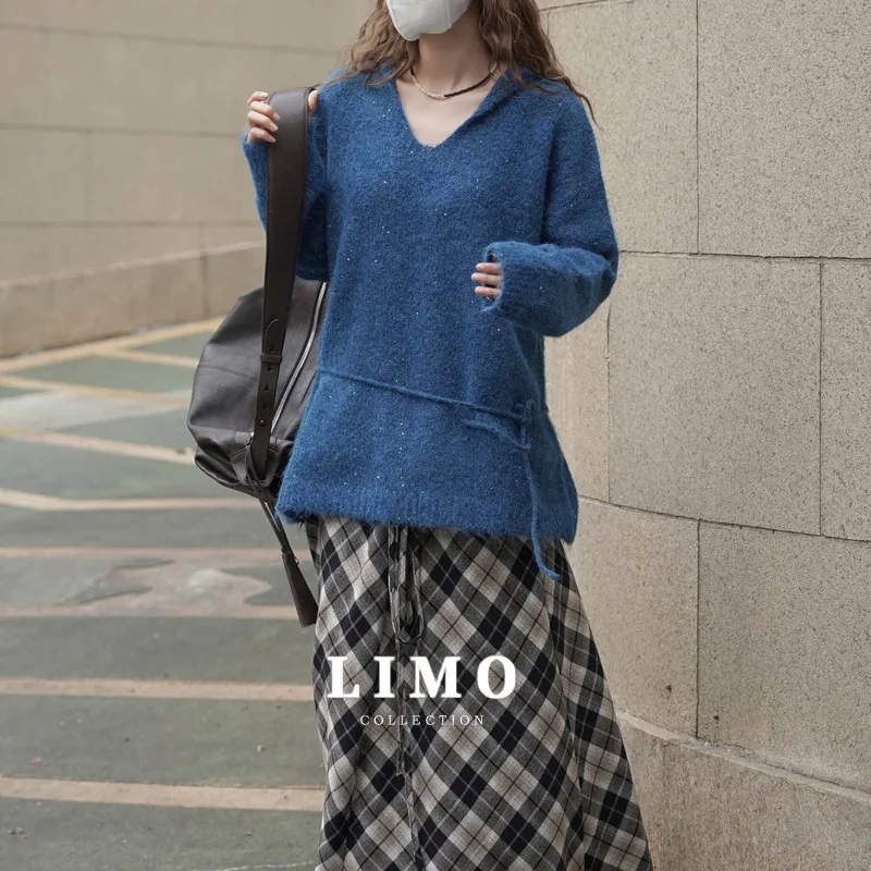 

LIMO 2025, новый зимний ленивый свободный свитер со шнуровкой на талии и капюшоном, шерстяной свитер с v-образным вырезом, повседневный топ для женщин