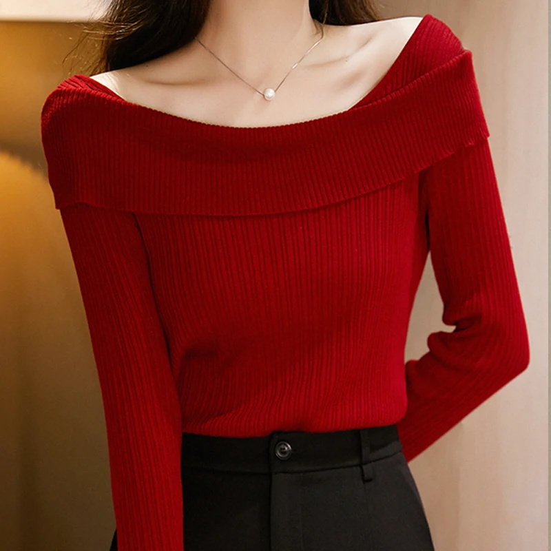 

Spring/Autumn Knitted Wool Sweater Casual One Collar Hoodie Tops Flip Collar Vertical Stripe Base Sweater Slimming Blouse Jumper