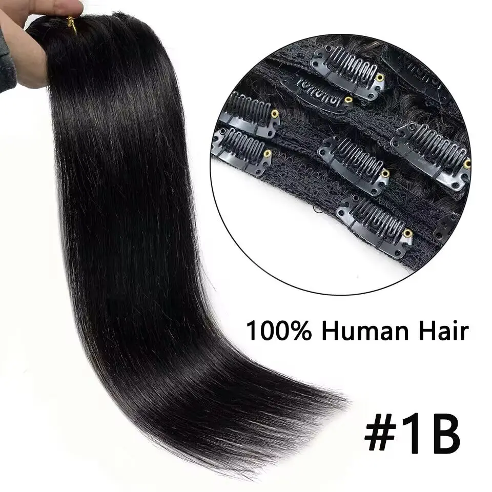 Extensiones de cabello humano Real con Clip recto para mujer, extensiones de cabello negro Natural brasileño, 120G, 16, 18, 20, 22 pulgadas, 7 unidades por juego