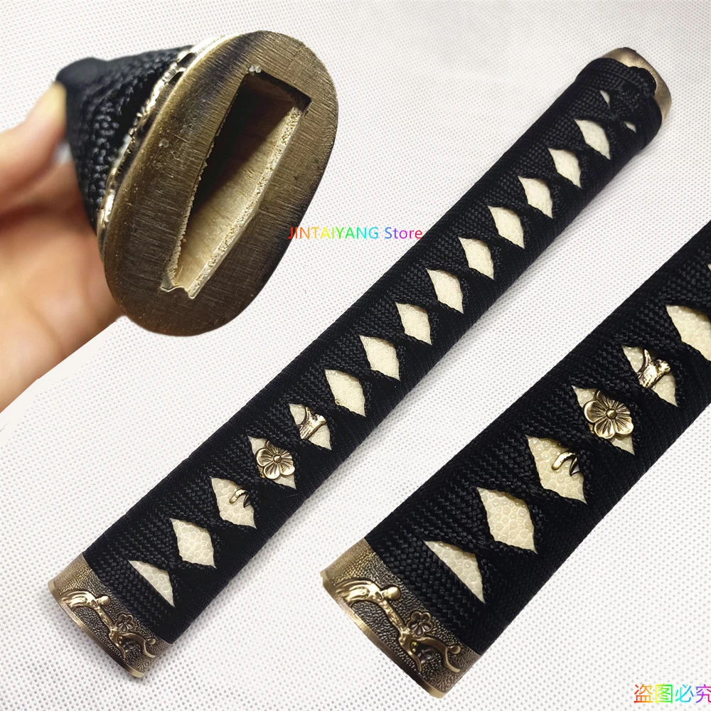 26CM Tsuka Handle Real Rayskin Copper Fuchi Menuki Kashira Black Silk Ito Accessories Japanese Sword Samurai Katana Fittings