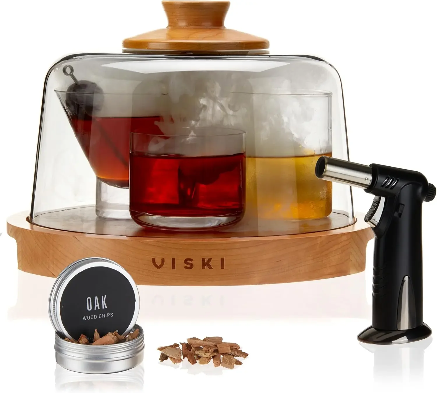 Alchemi Cocktail Smoker Kit, Handy Smoking Dome with Topper and Wooden Tray, Handheld Butane Torch, Mesh Strainer Oak Wood Chips