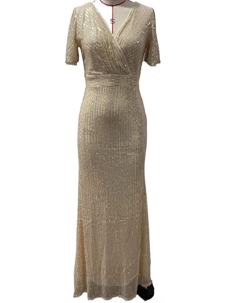 

Elegant V-neck Sequined Long Formal Evening Dress With Short Sleeves