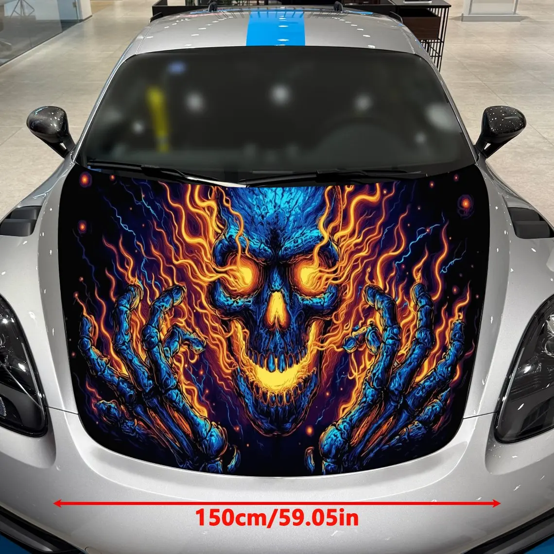 Blue-Orange Fire Skull Car Vinyl Wrap, PVC Material Waterproof Car Hood Sticker, Self-Adhesive Scratch-Resistant Stickers for En