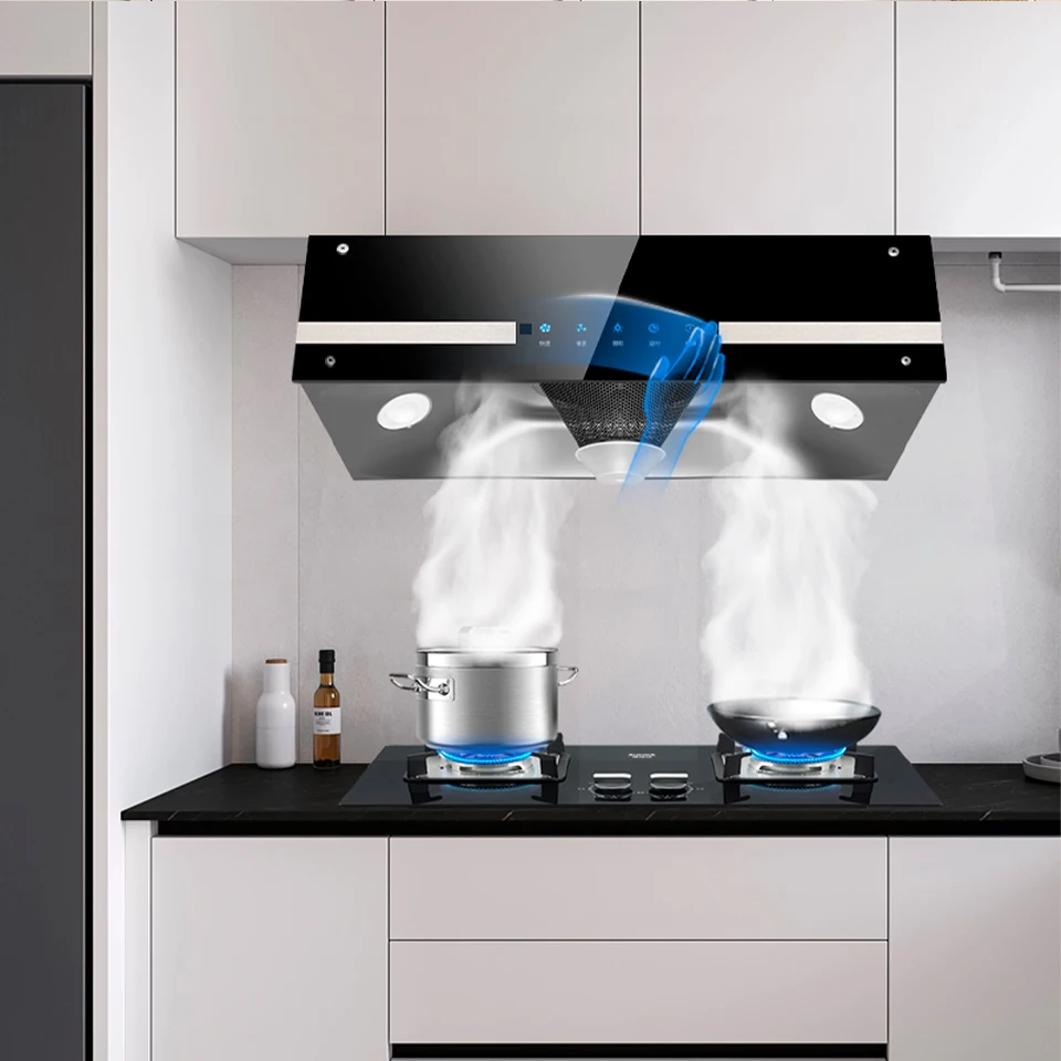 تسليم سريع جودة عالية متعددة نمط الصينية أعلى شفط شفاطات المطبخ المنزلية شفط كبير محرك مزدوج اغطية المطبخ