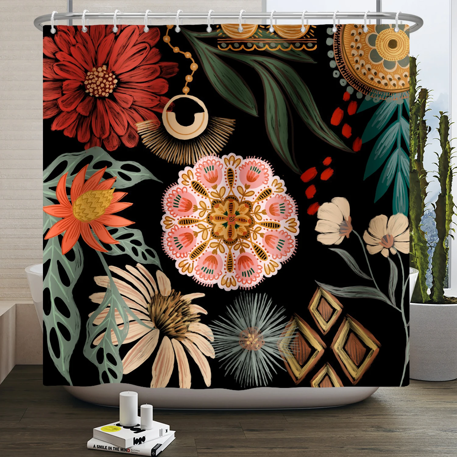 Boho Flower Shower Curtain Floral Black Abstract Bohemian Vintage Modern Aesthetic Waterproof Fabric Bathroom Curtain With Hooks