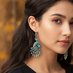Vintage Ethnic Colorful Rhinestone Peacock Dangle Earrings For Women Long Classic Silver Color Animal Earrings Female Jewelry