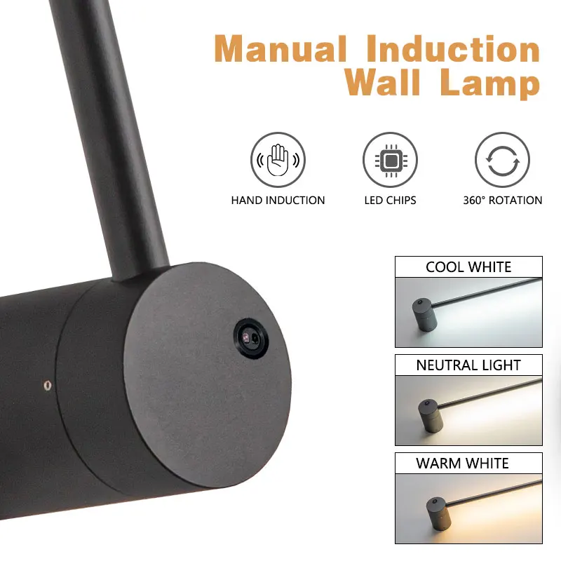 Imagem -03 - Led Hand Induction Switch Wall Lâmpadas para Casa Iluminação Interior Safa Background Nordic 360 ° Rotatable Sensor