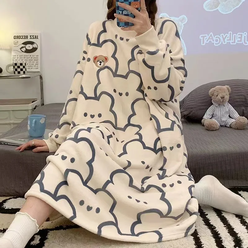 Women's Oversized Loose Fleece Pajama Dress, Long-Sleeve, Female Sleeping Dresses, Plus Size, 150kg, Autumn, Winter, Fat, New