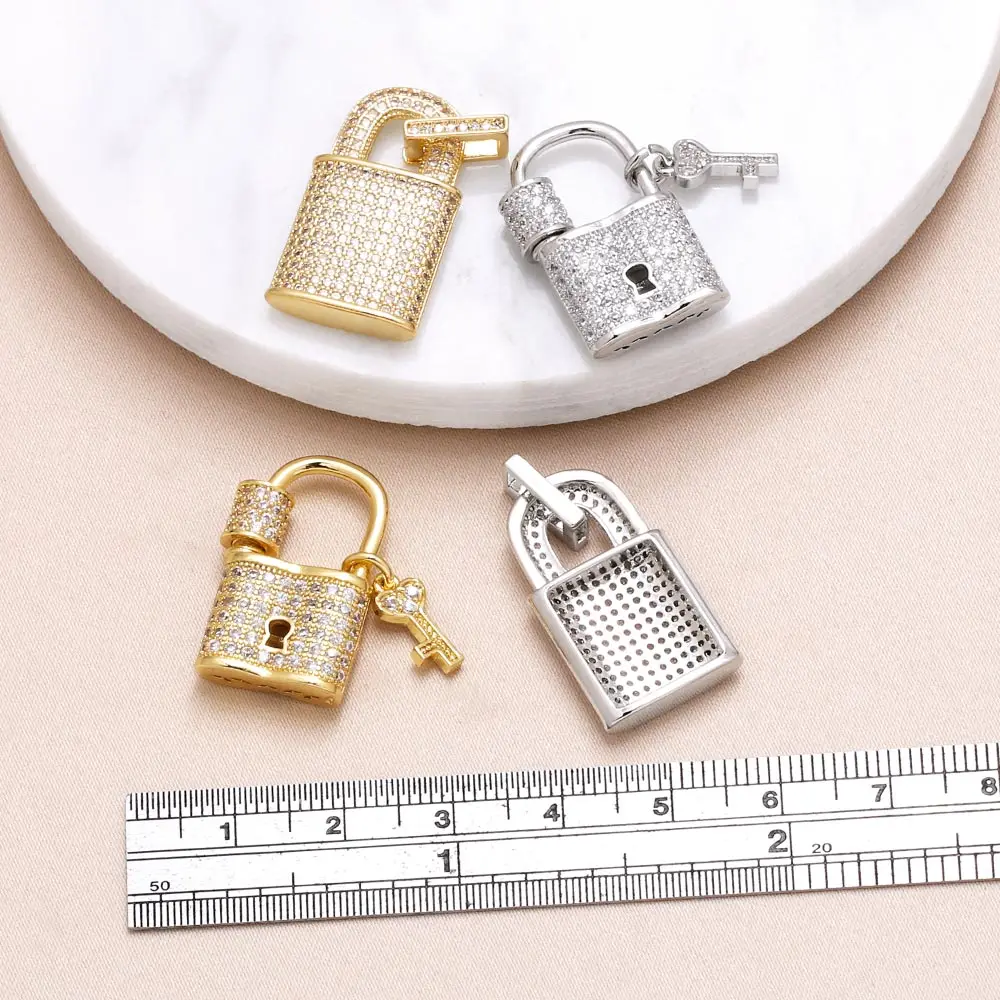 OCESRIO Fashion White Crystal Lock Key Pendant for Necklaces Copper Gold Plated Jewelry Making Component Wholesale pdtb636