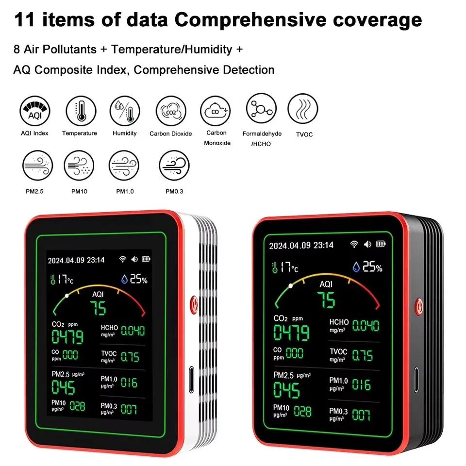 Portable 15-in-1 WiFi Indoor Air Quality Monitor with TFT Display AQI PM0.3 PM1.0 PM2.5 PM10 Temperature Humidity Tester