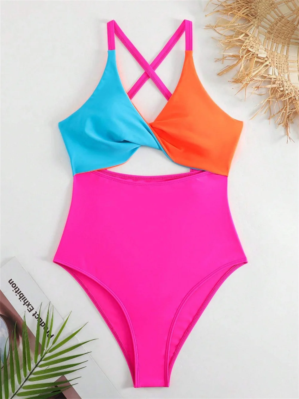 Contrast Color Patchwork Bikini Twist Hollow Out Swimsuit Women Backless Bandage Beach Outfit Vacation Y2k Swimwear Bathing Suit