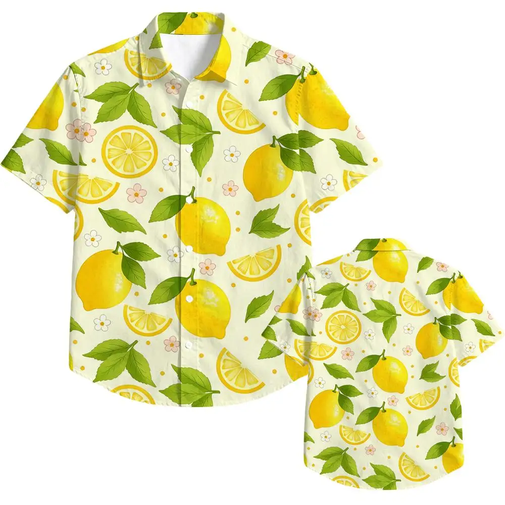 Men 100% Cotton Hawaiian Shirt Summer Short Sleeve Button Down Shirt Lemon Slice Print Casual Beach Vacation Loose Shirts Tops