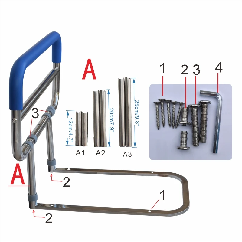 ارتفاع قابل للتعديل 304 السكك الحديدية بجانب السرير من الفولاذ المقاوم للصدأ مع مقبض دعم قابل للطي لتركيب تصميم رائع من السيليكون الناعم المضاد للانزلاق