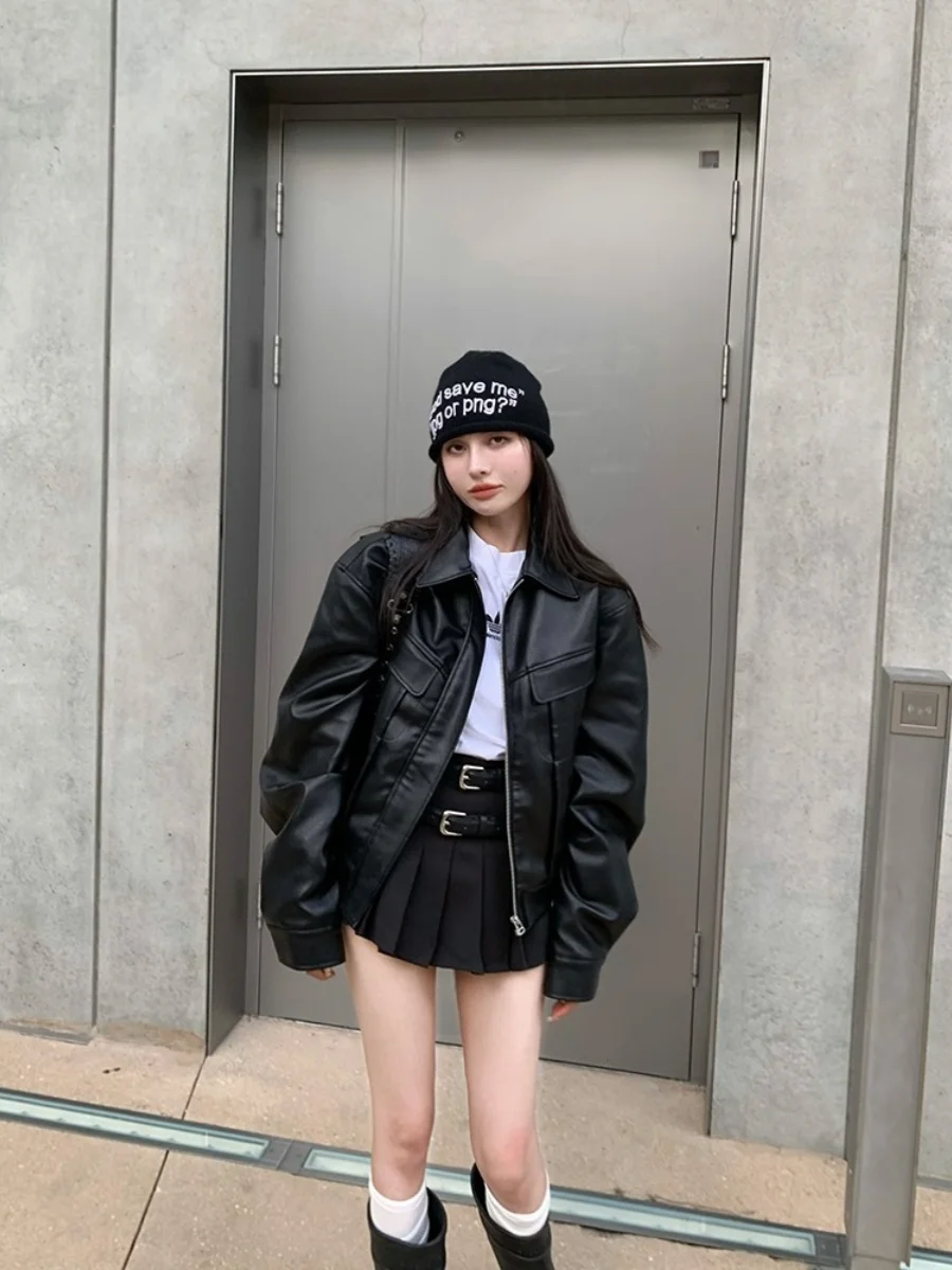 미국 레트로 스타일 짧은 가죽 재킷 여성 루즈 디자인 감각 오토바이 의류 가을 신상 PU 가죽 코트 여성 패션