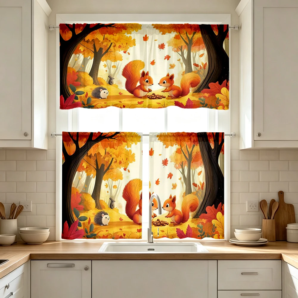 Thanksgiving Fall Kitchen Curtains, Squirrel Hedgehog, Digital Print, Kitchen Dining Room, Rod Pocket Polyester, Home Decor