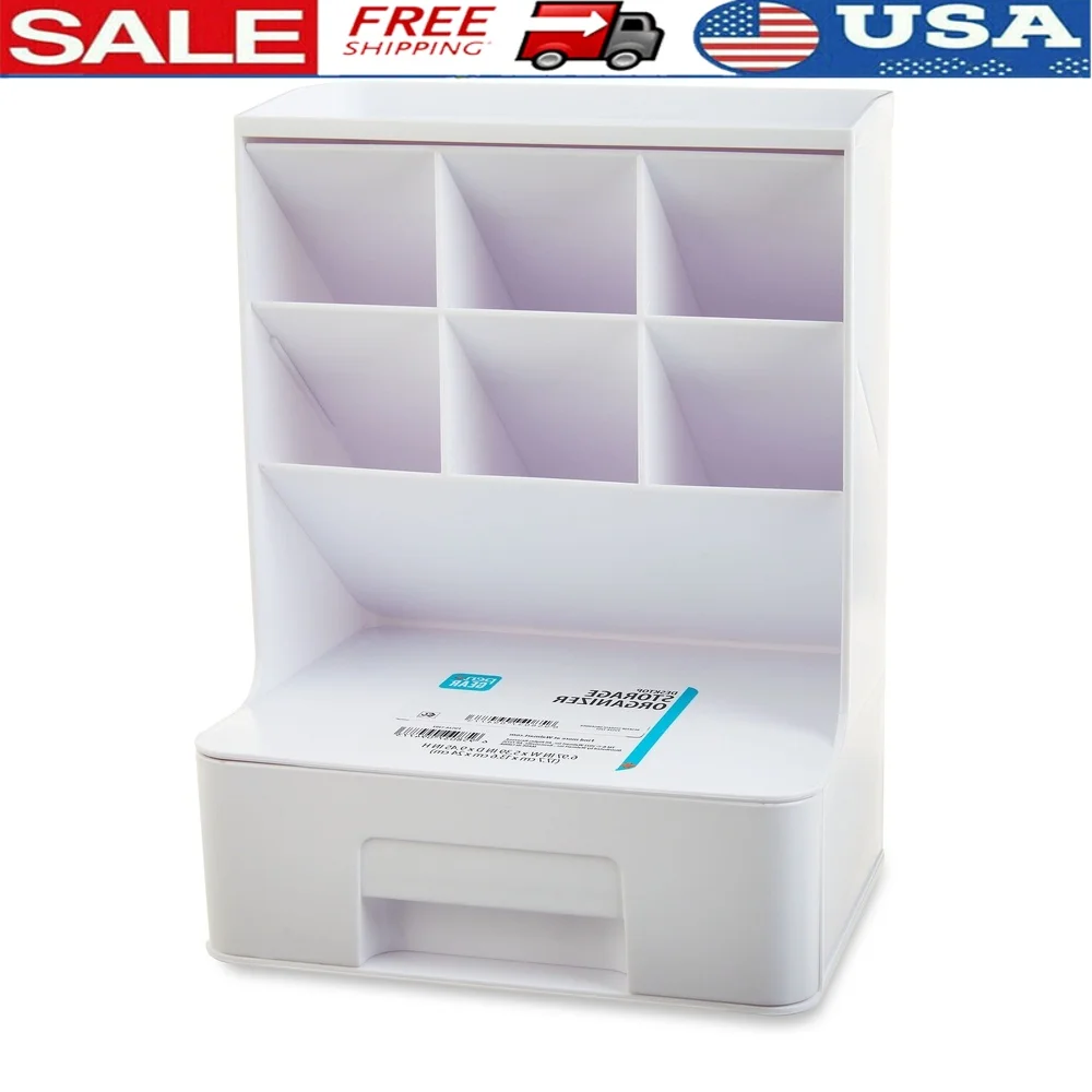 

White Tall Desktop Organizer Plastic Storage Solution with Drawer Office School Supplies Crafts Durable and Space-Saving