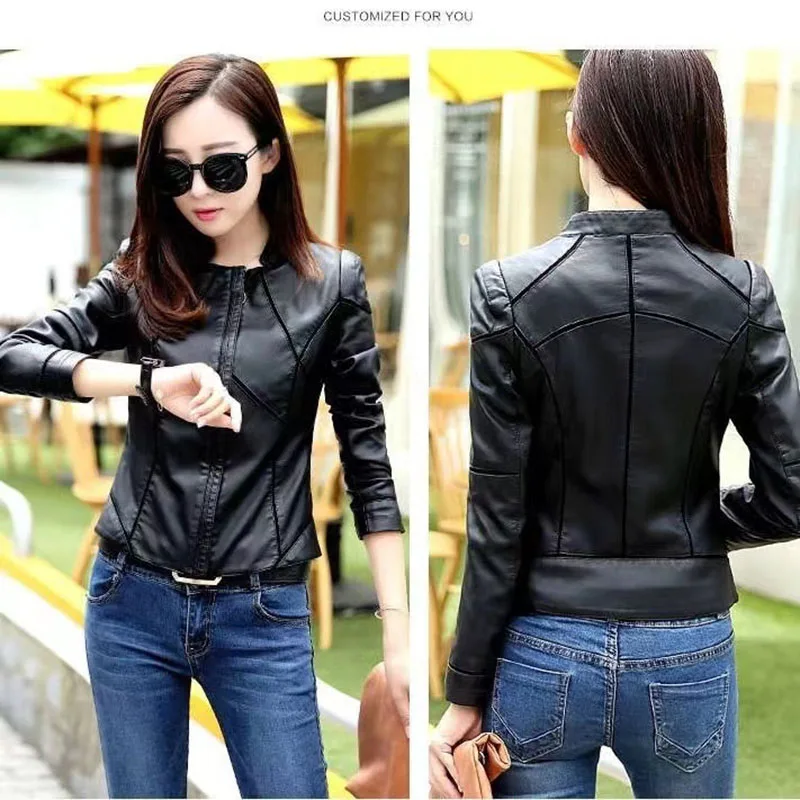 Spring Autumn Women\'s Short PU Leather Coat Fashion Stand Collar Motorcycle Jacket Female Casual Zipper Faux Leather Windbreaker