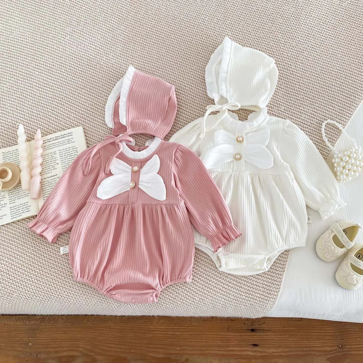 Autumn  Baby Romper with Hat Big Bow   Standing Collar Long Sleeve Infant Girl Bodysuit Full Moon Photo Baby Clothes Sweet