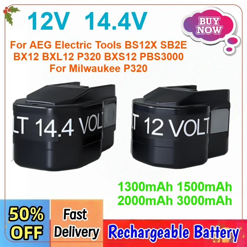 

12V 14.4V 3000mAh Ni-MH Battery for AEG Atlas Copco Electric Tools BS12X SB2E BX12 BXL12 BXS12 PBS3000 Compatible Milwaukee P320
