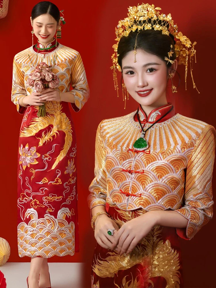 

Новое свадебное пальто в стиле шинуазри 2026 года для церемонии помолвки, с драконом и фениксом, стройнящее, для невест, традиционное китайское