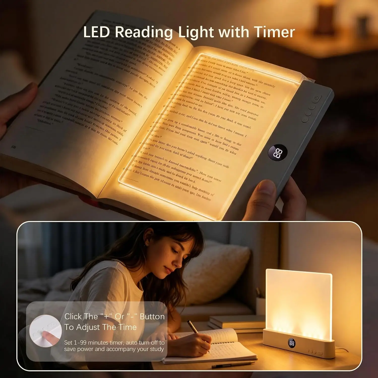 Full Page Book Light, Rechargeable Clear LED Reading Lamp with Dimmable Light, Flat Panel Plate Light for Books Reading at Night