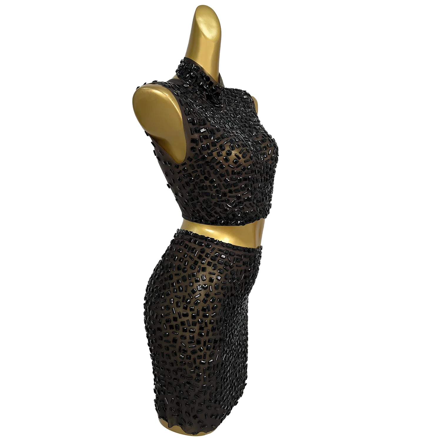 

Sparkly Rhinestone Crop Tops Mini Skirt 2Pieces Set High-end Skinny Women Couture See Through Mesh Mini Dress Club Party Outfit