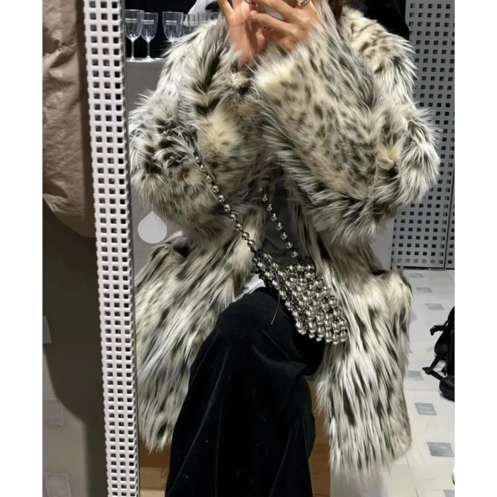 الشتاء التدرج ليوبارد طويل شعر أشعث فو الفراء معطف طويل الأكمام فروي المرأة سترة دافئة ميدي معطف ملابس خارجية فضفاضة