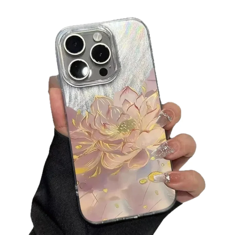 

Чехол для телефона с шелковым узором лотоса для iPhone 17, Air 16, 15, 14 Plus, 13, 12, 11 Pro Max, полное покрытие