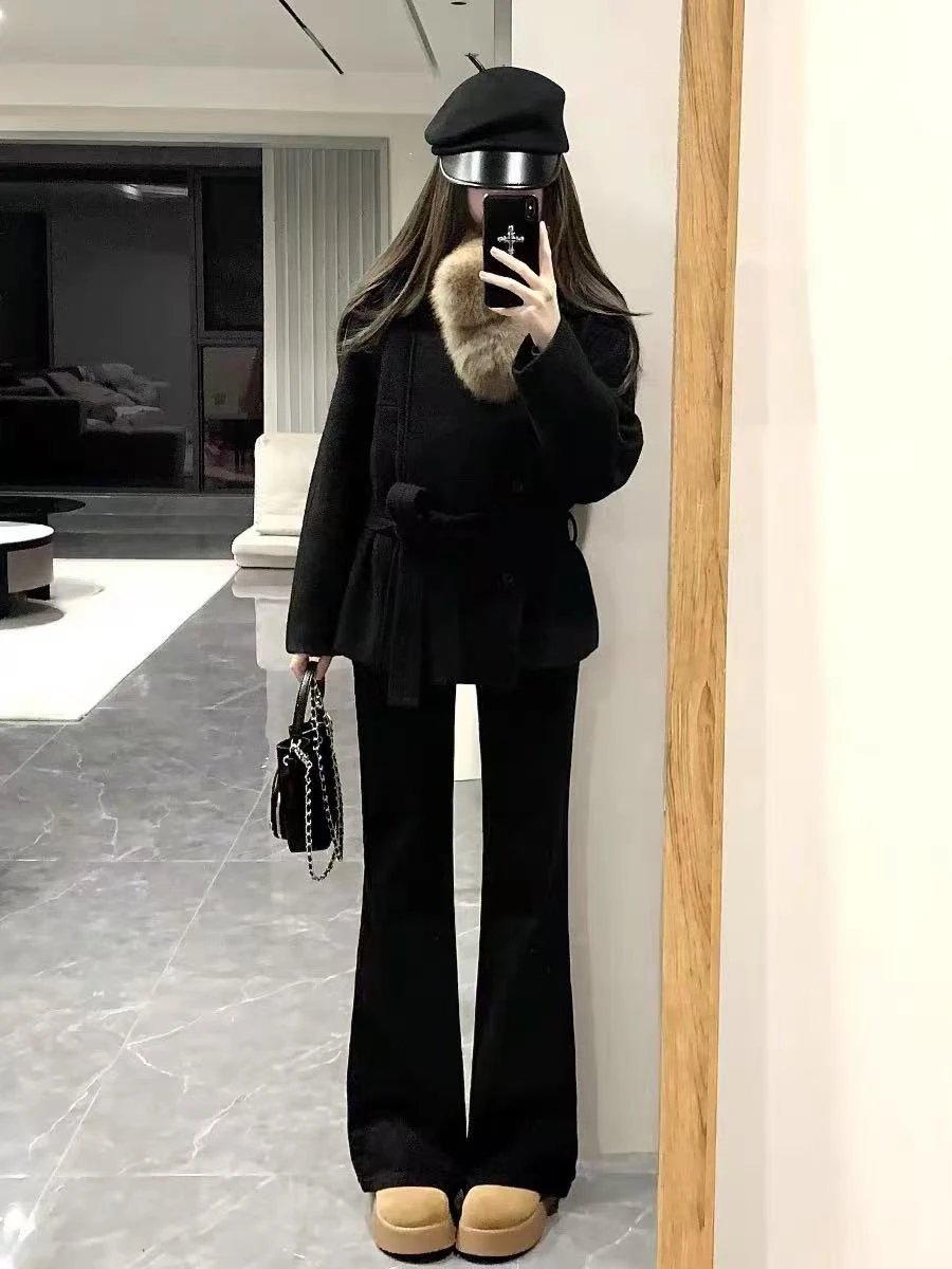 

Джинсы с высокой талией и расклешенным низом, женские эластичные джинсы-клеш, большие размеры, осенне-зимние прямые брюки для фигуры типа «груша»